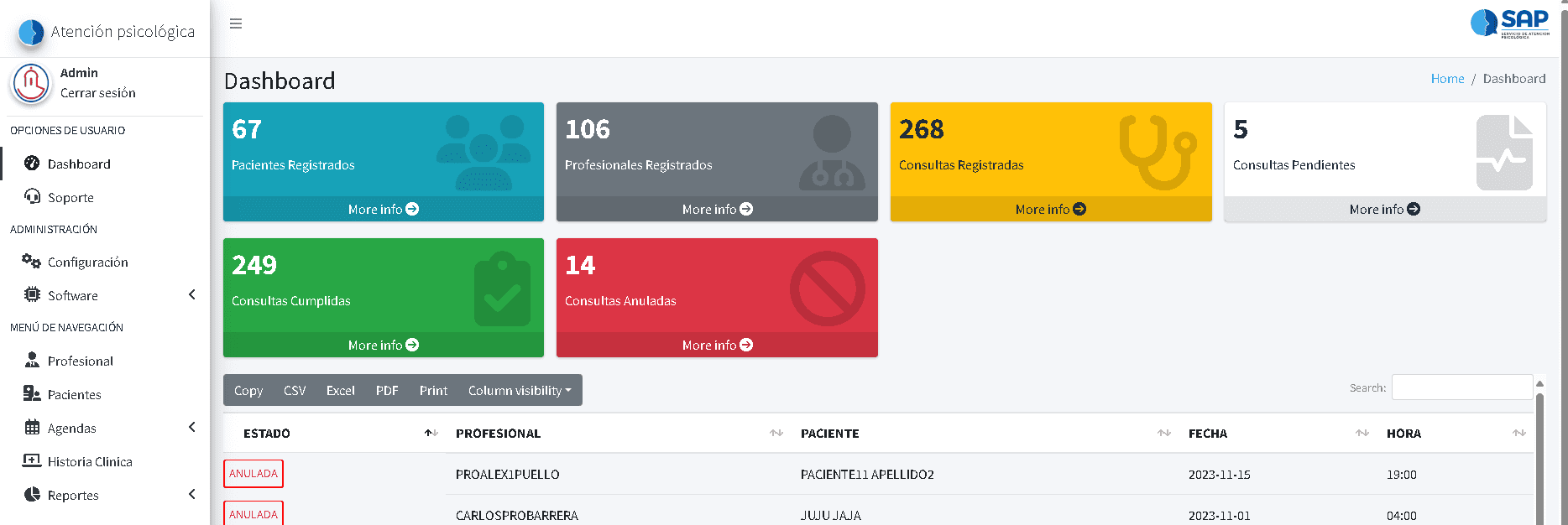 Captura del sistema de atención psicológica