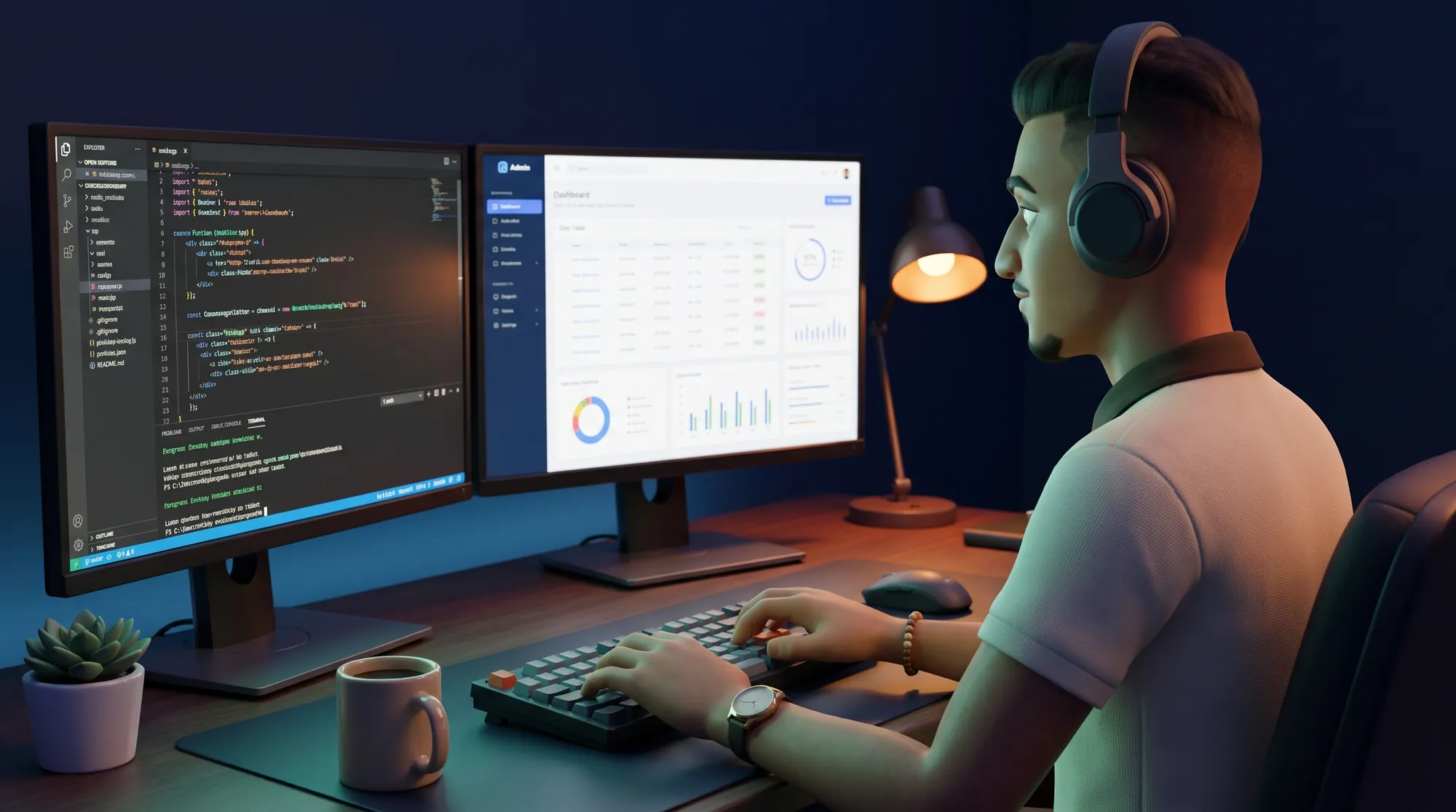 Carlos en 3D trabajando en dos monitores, uno con código y otro con un panel administrativo con tablas y gráficos