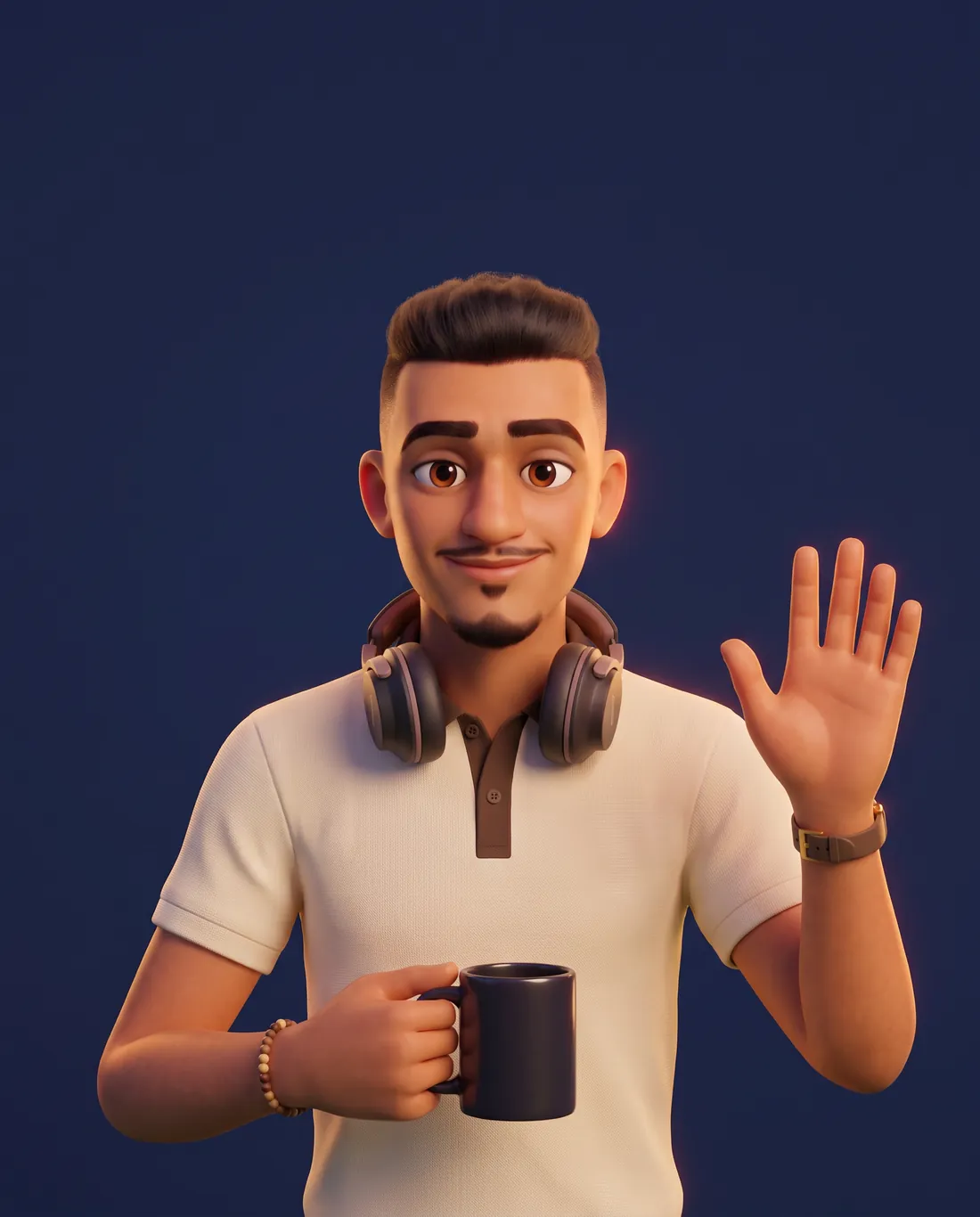 Carlos en 3D saludando con una mano y una taza de café en la otra